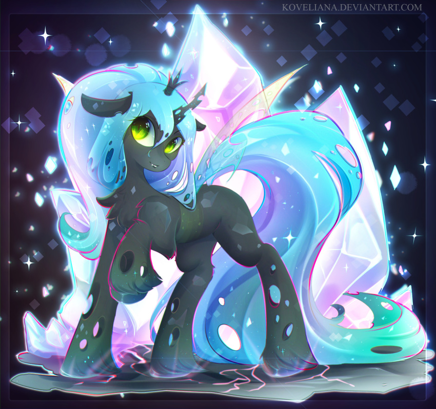 2018 black_background blue_hair changeling chest_tuft crown crystal cute equine eyebrows eyelashes fangs female feral floppy_ears friendship_is_magic fur green_eyes grin hair hi_res hole_(anatomy) hooves horn insect_wings koveliana long_hair looking_at_viewer mammal my_little_pony nude portrait pose queen_chrysalis_(mlp) raised_leg simple_background slit_pupils smile solo sparkles standing teeth text tuft url watermark wings