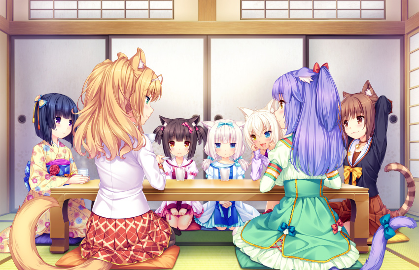 :3 animal_ear_fluff animal_ears arms_up azuki_(sayori) bell bell_collar black_hair blonde_hair blue_eyes bow brown_eyes brown_hair cat_ears cat_tail chocola_(sayori) cinnamon_(sayori) closed_mouth coconut_(sayori) collar eyebrows_visible_through_hair game_cg green_eyes hair_bow heterochromia highres indoors japanese_clothes kimono kneeling long_hair maple_(sayori) minazuki_shigure multiple_girls nekopara non-web_source open_mouth orange_hair pantyhose pleated_skirt purple_eyes purple_hair sayori school_uniform short_hair skirt slit_pupils tail tail_bow vanilla_(sayori) white_hair yellow_eyes younger