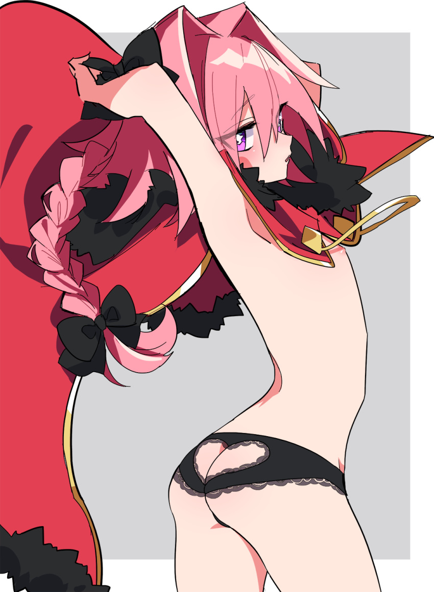 areolae arms_up ass ass_cutout astolfo_(fate) bangs black_panties border braid commentary_request eyebrows_visible_through_hair eyes_visible_through_hair fate/apocrypha fate_(series) from_side grey_background hair_between_eyes hair_intakes heart_cutout highres lace lace-trimmed_panties long_hair looking_at_viewer looking_to_the_side lowleg lowleg_panties male_focus mg_nemuio nipples otoko_no_ko outside_border panties pink_hair purple_eyes simple_background single_braid solo underwear very_long_hair white_border
