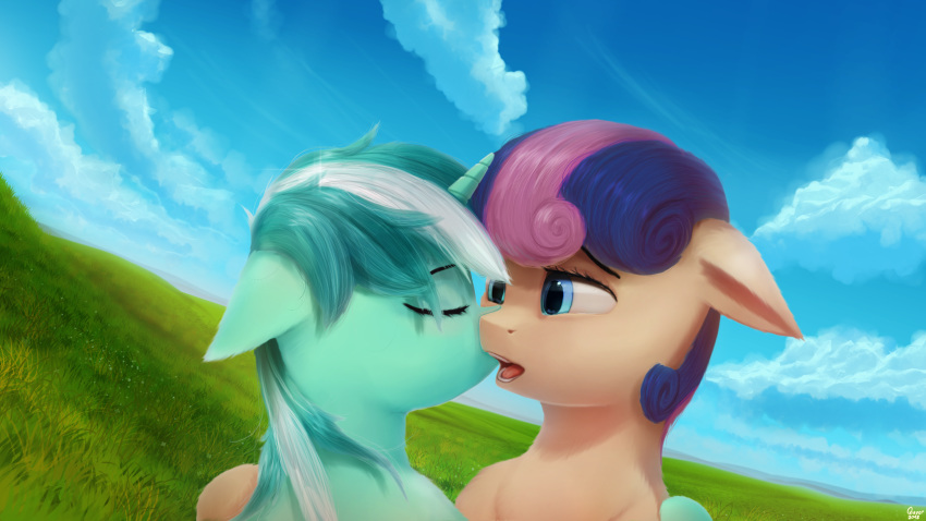 2018 bonbon_(mlp) cloud duo earth_pony equine eyes_closed female female/female feral floppy_ears friendship_is_magic hair hi_res horn horse kissing lyra_heartstrings_(mlp) mammal multicolored_hair my_little_pony open_mouth outside pony quvr two_tone_hair unicorn