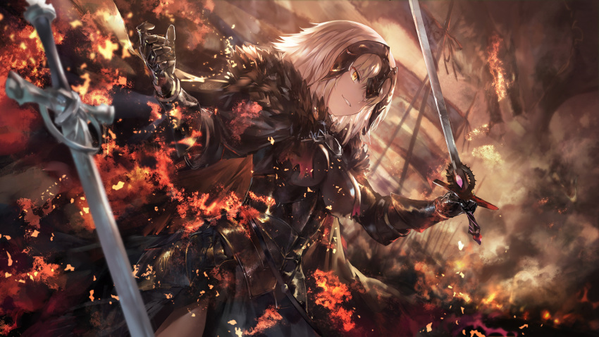 armor armored_dress army azomo bangs banner black_armor black_capelet black_cloak black_dress black_gloves blurry breasts capelet cowboy_shot depth_of_field dragon dress dutch_angle eyebrows_visible_through_hair fate/grand_order fate_(series) faulds fire from_below fur_collar gauntlets gloves grey_hair hair_between_eyes headpiece highres holding holding_sword holding_weapon jeanne_d'arc_(alter)_(fate) jeanne_d'arc_(fate)_(all) large_breasts looking_away outdoors plackart planted_sword planted_weapon short_hair smile smirk smoke solo standing sword tsurime weapon white_hair wind yellow_eyes