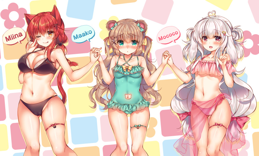 :&lt; :d ;q \m/ ahoge animal_ears aqua_bow aqua_eyes aqua_ribbon aqua_swimsuit ass_visible_through_thighs bangs bare_arms bare_shoulders bear_ears bear_girl bikini blush bow bow_bikini breasts brown_hair bunny_ears bunny_girl bunny_tail cameltoe casual_one-piece_swimsuit cat_ears cat_girl cat_hair_ornament cat_tail character_name cleavage closed_mouth collarbone commentary_request criss-cross_halter ears_down eyebrows_visible_through_hair feet_out_of_frame fingernails frilled_bikini_top frilled_swimsuit frills hair_between_eyes hair_bow hair_ornament hair_ribbon hair_rings hairclip halterneck hand_up hands_up heart heart-shaped_pupils heart_ahoge holding_hands interlocked_fingers knees_together_feet_apart large_breasts legs_apart lineup long_hair looking_at_viewer low-tied_long_hair multicolored multicolored_background multiple_girls navel navel_cutout nose_blush o-ring o-ring_bottom o-ring_top one-piece_swimsuit one_eye_closed open_mouth orange_eyes original out_of_frame pink_bikini pink_bow pink_eyes pink_ribbon polka_dot polka_dot_bow red_hair ribbon sarong see-through shiny shiny_hair shiny_skin sidelocks silver_hair small_breasts smile speech_bubble standing stomach strap_gap suzune_rena swimsuit symbol-shaped_pupils tail thigh_gap thigh_ribbon tongue tongue_out very_long_hair w white_background x_hair_ornament yellow_bow yellow_ribbon