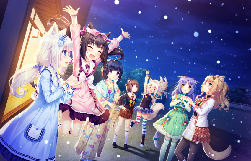 animal_ears azuki_(sayori) bell bell_collar black_hair blonde_hair blue_eyes bow brown_eyes brown_hair cat_ears cat_tail chocola_(sayori) cinnamon_(sayori) closed_eyes coconut_(sayori) collar dress everyone eyebrows_visible_through_hair game_cg gloves green_eyes hair_bow hairband highres jacket japanese_clothes jumping kimono letterman_jacket long_hair maple_(sayori) minazuki_shigure multiple_girls nekopara night non-web_source orange_hair outdoors pantyhose pleated_skirt purple_eyes purple_hair sayori school_uniform short_hair skirt snow tail thighhighs vanilla_(sayori) white_hair yellow_eyes younger