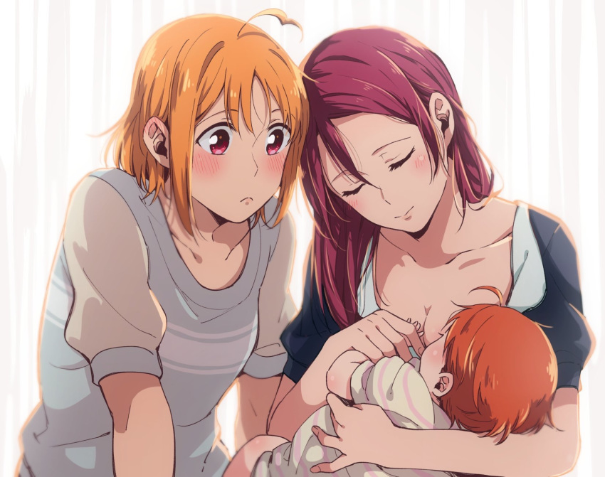 ahoge baby baby_carry bangs blush breast_feeding closed_eyes collarbone eyebrows_visible_through_hair highres holding if_they_mated ips_cells kougi_hiroshi long_hair looking_at_another love_live! love_live!_sunshine!! mother_and_daughter multiple_girls orange_hair red_eyes red_hair sakurauchi_riko short_hair short_sleeves smile takami_chika upper_body