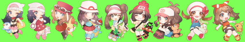 :3 arm_up arms_up bag bare_shoulders baseball_cap beanie bike_shorts black_footwear black_hair black_legwear black_sclera black_shirt black_vest blue_(pokemon) blue_eyes blue_hair blue_legwear blue_shirt blue_shorts blush boots bow breasts brown_eyes brown_hair chibi chikorita closed_eyes coat collarbone double_bun dual_persona duffel_bag eye_contact eyebrows_visible_through_hair eyewear_on_headwear fanny_pack fennekin flat_chest floral_print gen_1_pokemon gen_2_pokemon gen_3_pokemon gen_4_pokemon gen_5_pokemon gen_6_pokemon gen_7_pokemon green_background green_shorts hair_ornament hairband hairclip hand_on_hip hand_up hands_up happy haruka_(pokemon) hat hat_bow highres hikari_(pokemon) holding holding_poke_ball kneehighs knees_together_feet_apart knees_up kotone_(pokemon) litten long_hair long_image long_sleeves looking_at_another looking_at_viewer looking_back looking_to_the_side mei_(pokemon) mizuki_(pokemon) multiple_girls one_eye_closed open_arms open_mouth outstretched_arm outstretched_arms overalls pantyhose pink_coat pink_skirt piplup pleated_skirt poke_ball poke_ball_(generic) poke_ball_theme pokemon pokemon_(creature) pokemon_(game) pokemon_bw pokemon_bw2 pokemon_dppt pokemon_frlg pokemon_hgss pokemon_oras pokemon_platinum pokemon_sm pokemon_xy ponytail red_bow red_footwear red_hairband red_hat red_scarf red_shirt red_skirt scarf serena_(pokemon) shaymin shiny shiny_hair shirt shoes short_hair short_shorts short_sleeves shorts simple_background skirt sleeveless sleeveless_shirt small_breasts smile snivy socks squirtle sunglasses teeth tepig thighhighs tied_hair tied_shirt torchic touko_(pokemon) twintails vest visor_cap white-framed_eyewear white_eyes white_hat white_legwear white_scarf white_shirt wide_image wristband yellow_sclera yellow_shirt yellow_shorts zettai_ryouiki zuizi