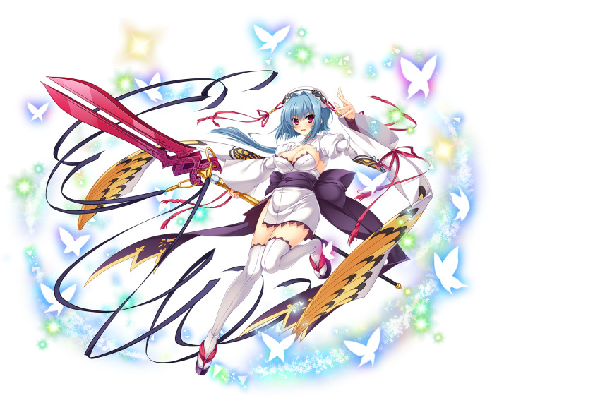 bangs blue_hair blush breasts bug butterfly chouun cleavage eyebrows_visible_through_hair full_body hair_between_eyes hat highres holding holding_weapon insect japanese_clothes katagiri_hinata koihime_musou large_breasts leg_up looking_at_viewer medium_breasts obi official_art parted_lips polearm puffy_sleeves purple_eyes ribbon sandals sash sennen_sensou_aigis shiny short_hair smile solo sparkle spear thighhighs transparent_background weapon white_legwear wide_sleeves zettai_ryouiki