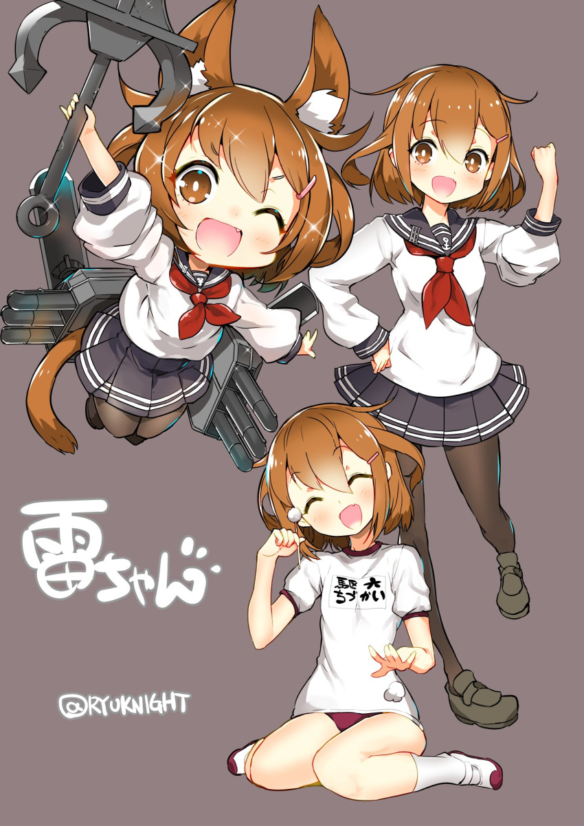 anchor anchor_symbol animal_ears black_footwear black_legwear black_sailor_collar black_skirt brown_hair buruma cat_ears cat_tail commentary_request fang folded_ponytail full_body grey_background gym_shirt gym_uniform hair_ornament hairclip highres ikazuchi_(kantai_collection) kantai_collection kneehighs loafers looking_at_viewer machinery multiple_girls multiple_persona naitou_ryuu neckerchief open_mouth pantyhose pleated_skirt red_buruma red_neckwear sailor_collar school_uniform serafuku shirt shoes short_hair simple_background sitting skirt smile t-shirt tail torpedo twitter_username uwabaki wariza white_legwear white_shirt