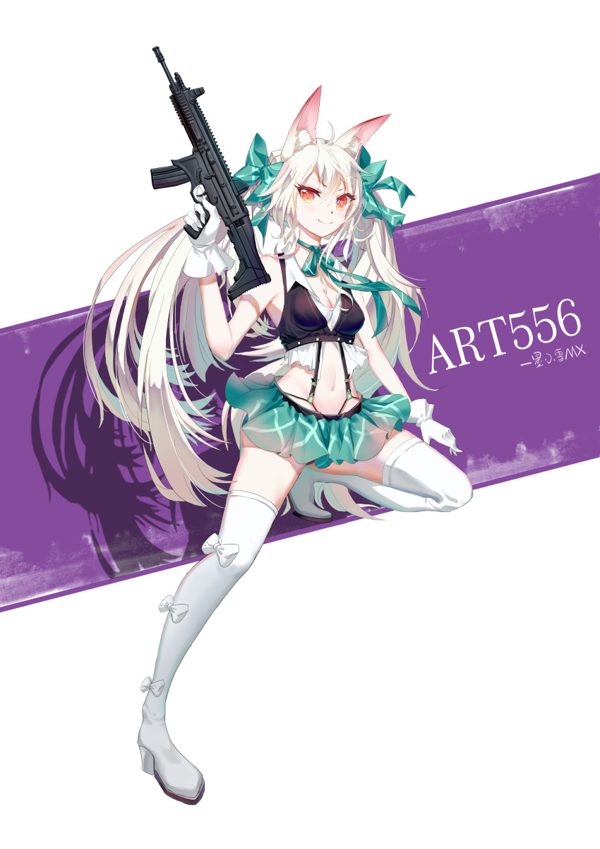 &gt;:) absurdres ahoge animal_ear_fluff animal_ears art556_(girls_frontline) bangs bare_shoulders blush boku_koyuki_mx boots bow breasts character_name cleavage closed_mouth commentary_request crop_top eyebrows_visible_through_hair girls_frontline gloves green_bow green_skirt gun hair_between_eyes hair_bow highres holding holding_gun holding_weapon long_hair navel object_namesake pleated_skirt red_eyes shadow silver_hair skirt sleeveless small_breasts smile solo standing standing_on_one_leg taurus_art556 thigh_boots thighhighs twintails v-shaped_eyebrows very_long_hair weapon white_footwear white_gloves white_legwear