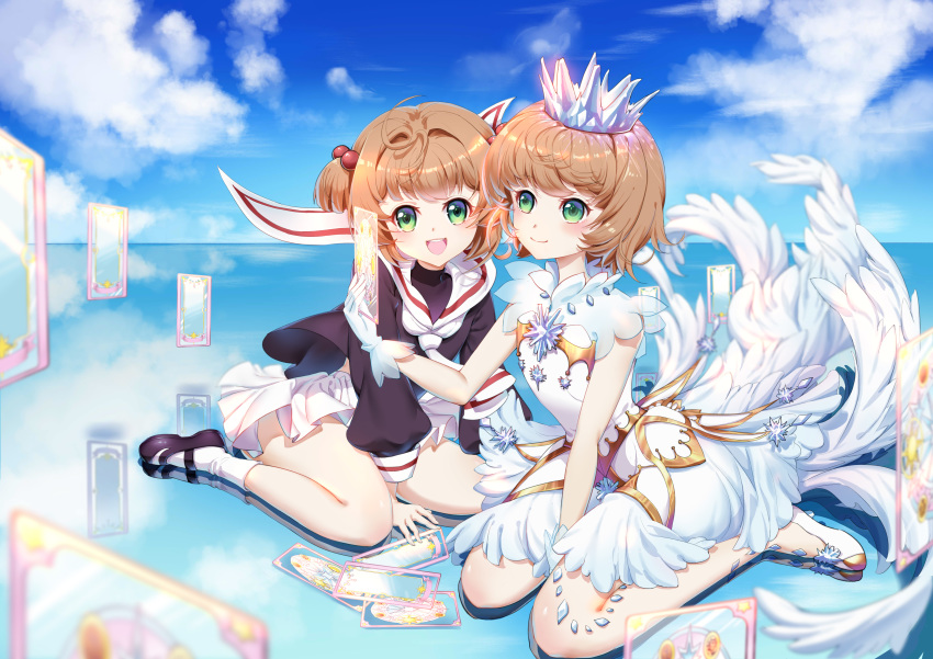 :d absurdres arm_support bangs between_legs black_footwear black_shirt blue_sky blurry blurry_background blush boku_koyuki_mx card cardcaptor_sakura clear_card closed_mouth cloud commentary_request crown day depth_of_field dress dual_persona eyebrows_visible_through_hair feathered_wings fingernails gloves green_eyes hair_bobbles hair_ornament hand_between_legs hand_up high_heels highres holding holding_card horizon kinomoto_sakura light_brown_hair long_sleeves mary_janes mini_crown multiple_girls open_mouth outdoors pleated_skirt puffy_long_sleeves puffy_sleeves reflection round_teeth sailor_collar school_uniform shirt shoes short_hair sitting skirt sky sleeveless sleeveless_dress smile socks teeth tomoeda_elementary_school_uniform transparent two_side_up upper_teeth wariza white_dress white_footwear white_gloves white_legwear white_neckwear white_sailor_collar white_skirt white_wings wings