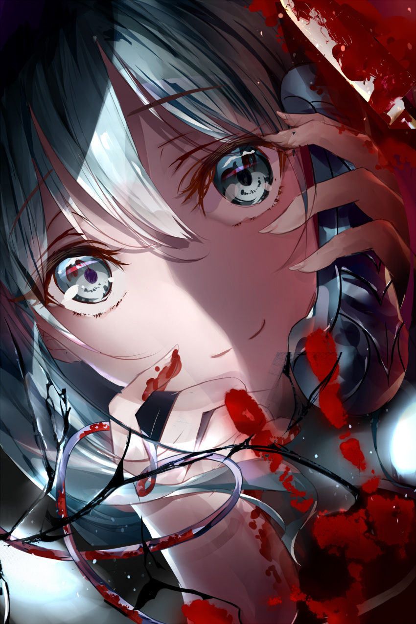 arm_up bangs blood blue_eyes closed_mouth commentary_request dutch_angle eyebrows_visible_through_hair face fallen_heaven fingernails green_hair hair_between_eyes hand_up heart highres holding holding_phone komeiji_koishi long_hair looking_at_viewer mary-san phone sidelocks smile solo touhou