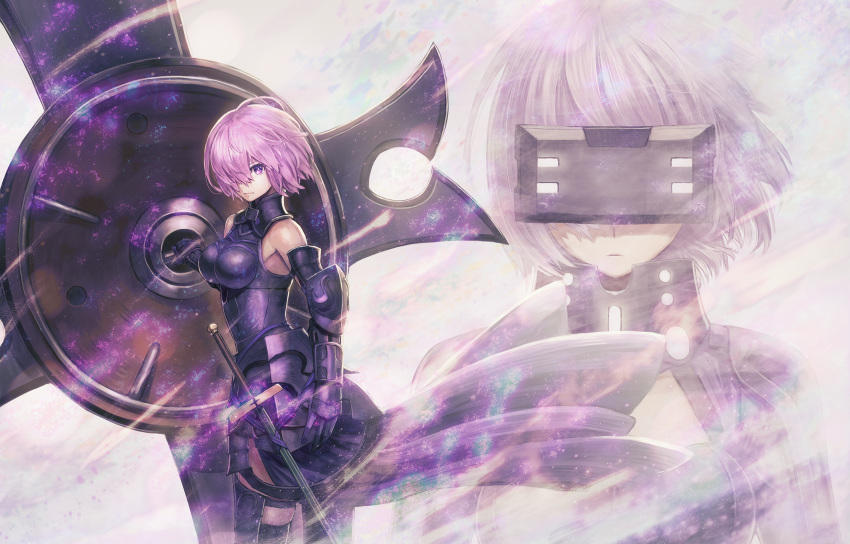 alternate_costume armor armpits aura black_armor commentary_request fate/grand_order fate_(series) from_side frown gauntlets hair_over_one_eye highres kuroi_susumu lavender_hair looking_at_viewer mash_kyrielight purple_eyes scabbard serious sheath shield short_hair sleeveless solo sword thighhighs upper_body vr_visor weapon wind