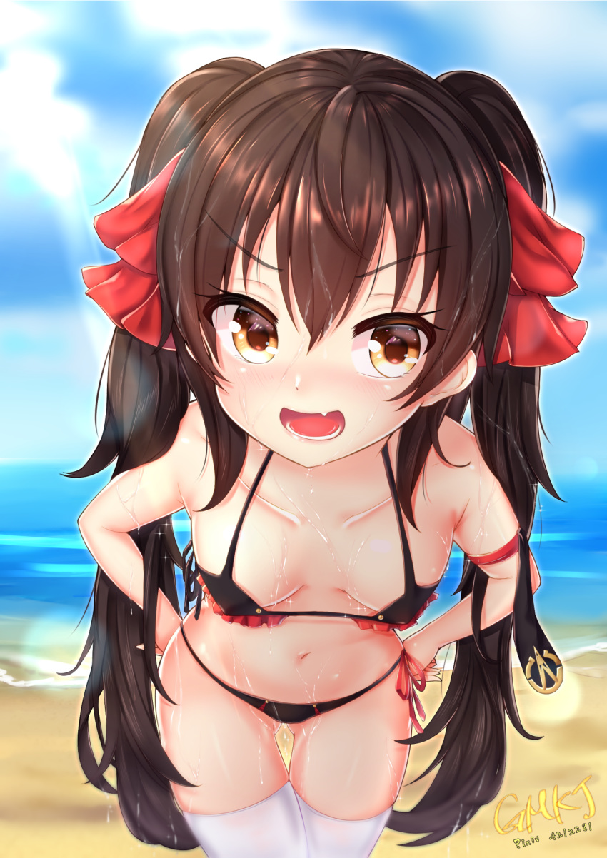 2018 :d armlet artist_name ass_visible_through_thighs bangs bare_shoulders beach bikini black_bikini blue_sky blush breasts brown_eyes brown_hair cloud cloudy_sky collarbone commentary_request cowboy_shot dated day eyebrows_visible_through_hair eyelashes fang frilled_bikini frills girls_frontline gmkj hair_between_eyes hair_ornament hair_ribbon hands_on_hips highres leaning_forward legs_together long_hair looking_at_viewer open_mouth outdoors pink_lips qbz-97_(girls_frontline) red_ribbon ribbon side-tie_bikini sidelocks skindentation sky small_breasts smile solo standing strap_gap swimsuit teeth thigh_gap thighhighs tongue twintails very_long_hair water wet wet_hair white_legwear
