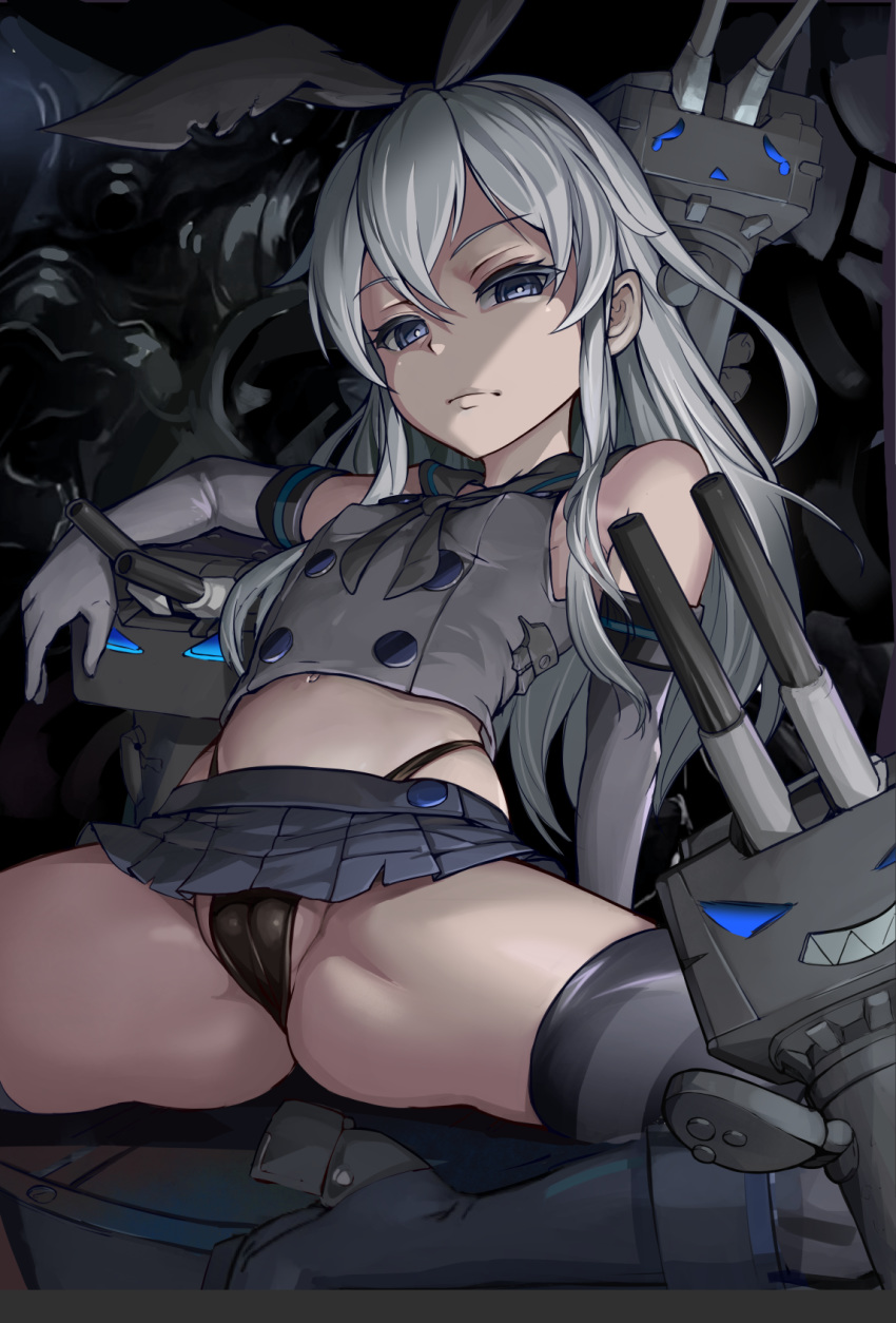 alternate_color arm_support ass black_legwear black_panties blue_eyes boots cameltoe commentary_request cropped_vest dark_persona dikko elbow_gloves expressionless gloves hairband highleg highleg_panties highres kantai_collection long_hair looking_at_viewer machinery microskirt midriff navel panties pleated_skirt rensouhou-chan sailor_collar school_uniform serafuku shimakaze_(kantai_collection) sitting skirt spread_legs striped striped_legwear thighhighs underwear white_gloves white_hair