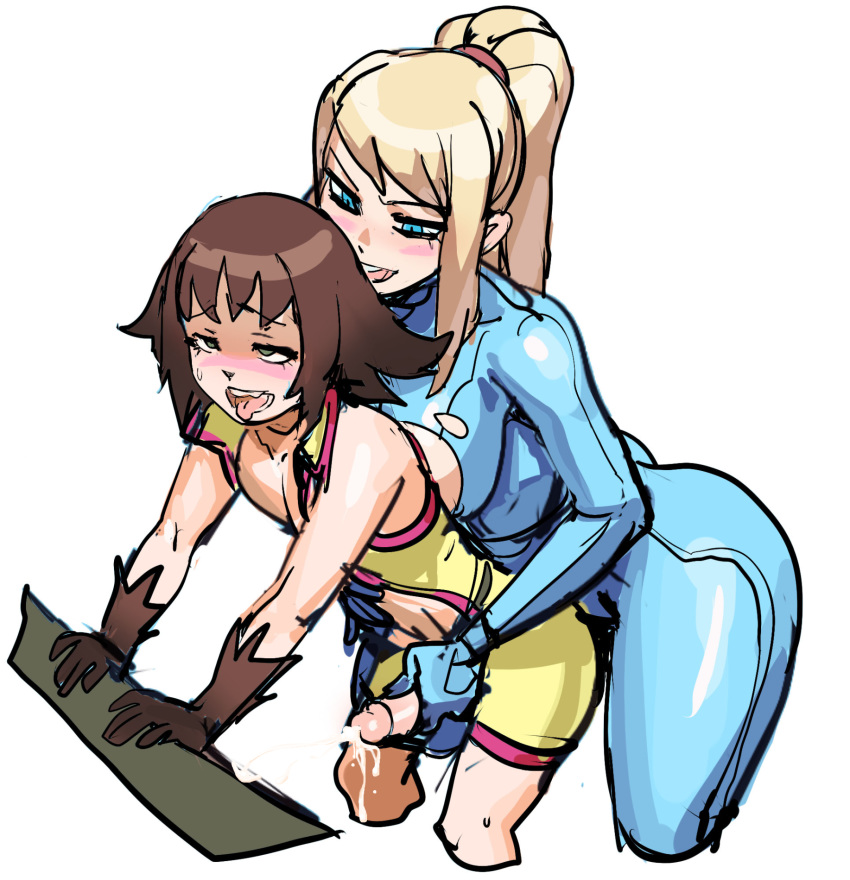 1boy 1girl ahegao areolae ass blonde_hair blue_eyes blush bodysuit breasts brown_hair climax cum cum_dripping cumdrip cumming curvy edit edited from_behind green_eyes hetero highres large_breasts long_hair maniacpaint masturbation metroid nicole_(metroid) nintendo nipples nude orgasm penis ponytail samus_aran skin_tight sperm third-party_edit tongue tongue_out torn_clothes uncensored zero_suit