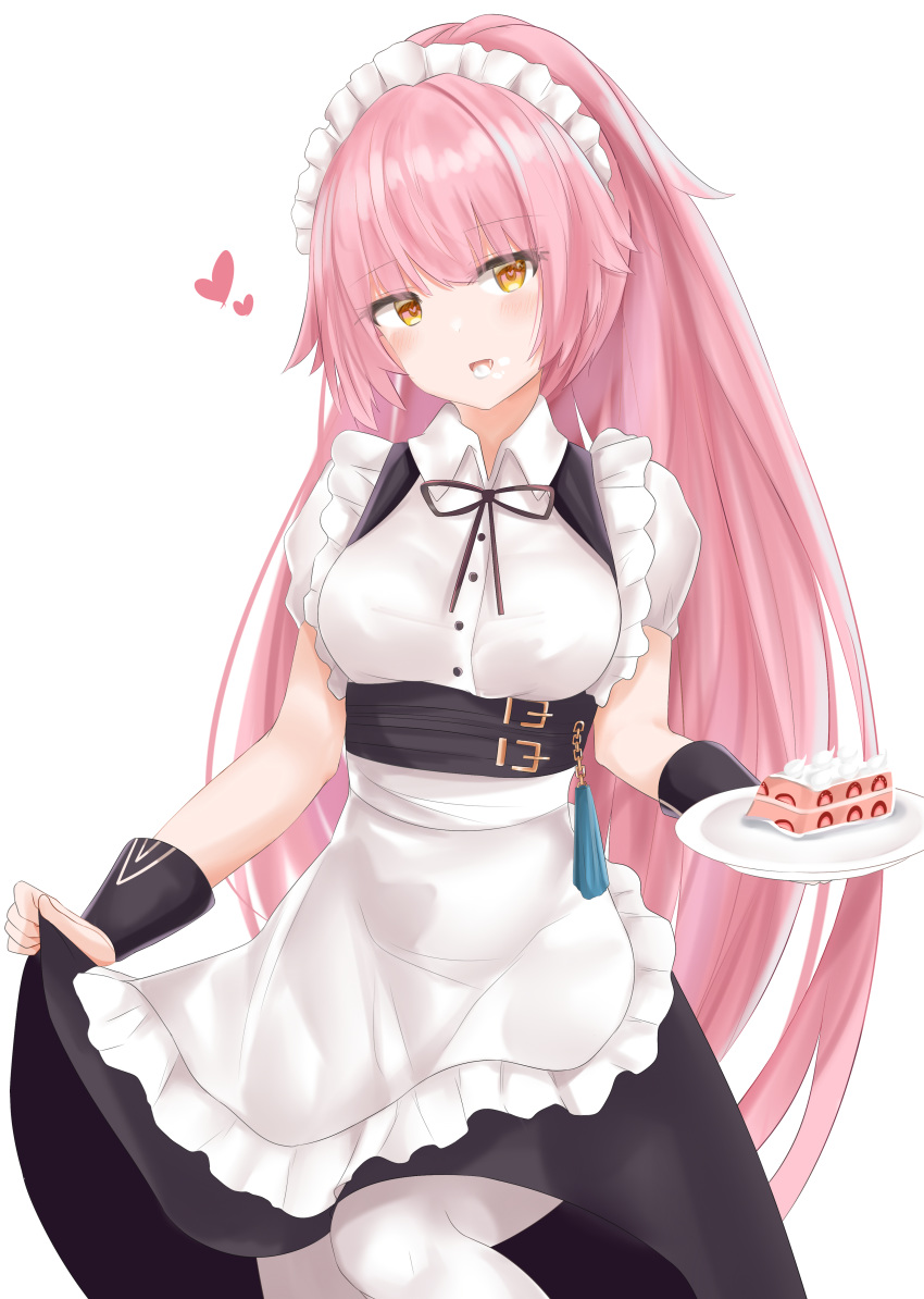 absurdres alternate_costume apron bangs black_ribbon blush breasts buckle buttons cake commentary_request cream cream_on_face eyebrows_visible_through_hair flying_heart food food_on_face girls_frontline head_tilt heart heart-shaped_pupils highres holding holding_plate large_breasts leg_up lifted_by_self long_hair looking_at_viewer maid maid_headdress neck_ribbon ntw-20_(girls_frontline) open_mouth pantyhose pink_eyes pink_hair plate ponytail puffy_short_sleeves puffy_sleeves ribbon ru_zhai short_sleeves sidelocks simple_background skirt skirt_lift solo symbol-shaped_pupils tassel very_long_hair white_background white_legwear
