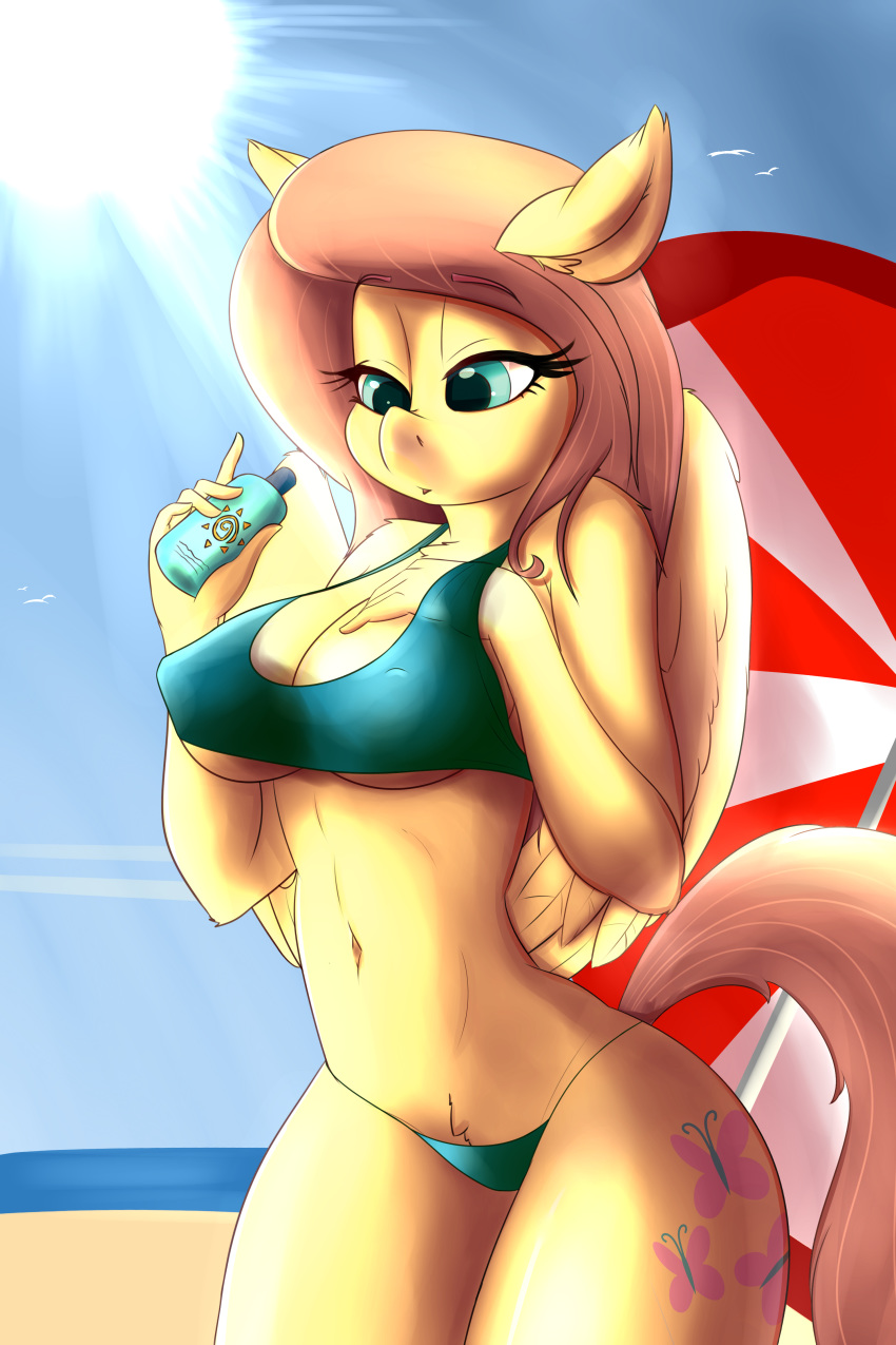 2018 5_fingers absurd_res anthro beach big_breasts bikini bottle breasts cleavage clothed clothing cutie_mark equine erect_nipples eyebrows eyebrows_visible_through_hair eyelashes feathered_wings feathers female fluttershy_(mlp) friendship_is_magic hair half-closed_eyes hi_res holding_object huckser mammal my_little_pony navel nipples outside pegasus pink_hair portrait pubes seaside sky solo standing stripes sun sunlight sunscreen swimsuit teal_eyes thick_thighs three-quarter_portrait umbrella wings yellow_feathers