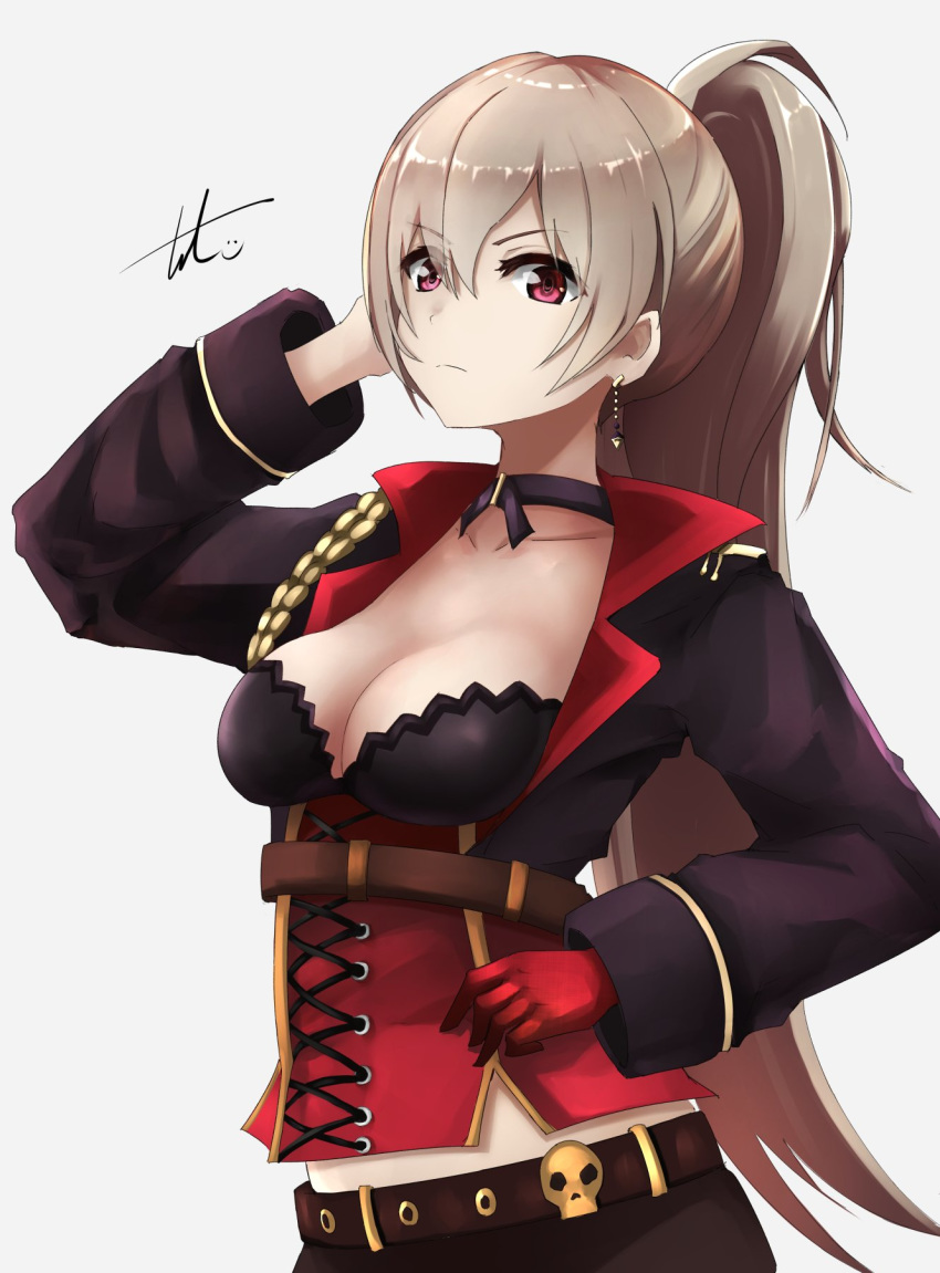 azur_lane bangs belt black_shorts breasts choker cleavage closed_mouth collarbone commentary_request cowboy_shot cross-laced_clothes earrings eyebrows_visible_through_hair gloves gold_trim grey_background hair_between_eyes half_gloves hand_on_own_head highres jacket jean_bart_(azur_lane) jewelry long_sleeves looking_at_viewer medium_breasts ponytail puffy_long_sleeves puffy_sleeves short_shorts shorts sidelocks signature simple_background single_glove skull tosaka_(tosaka0001)