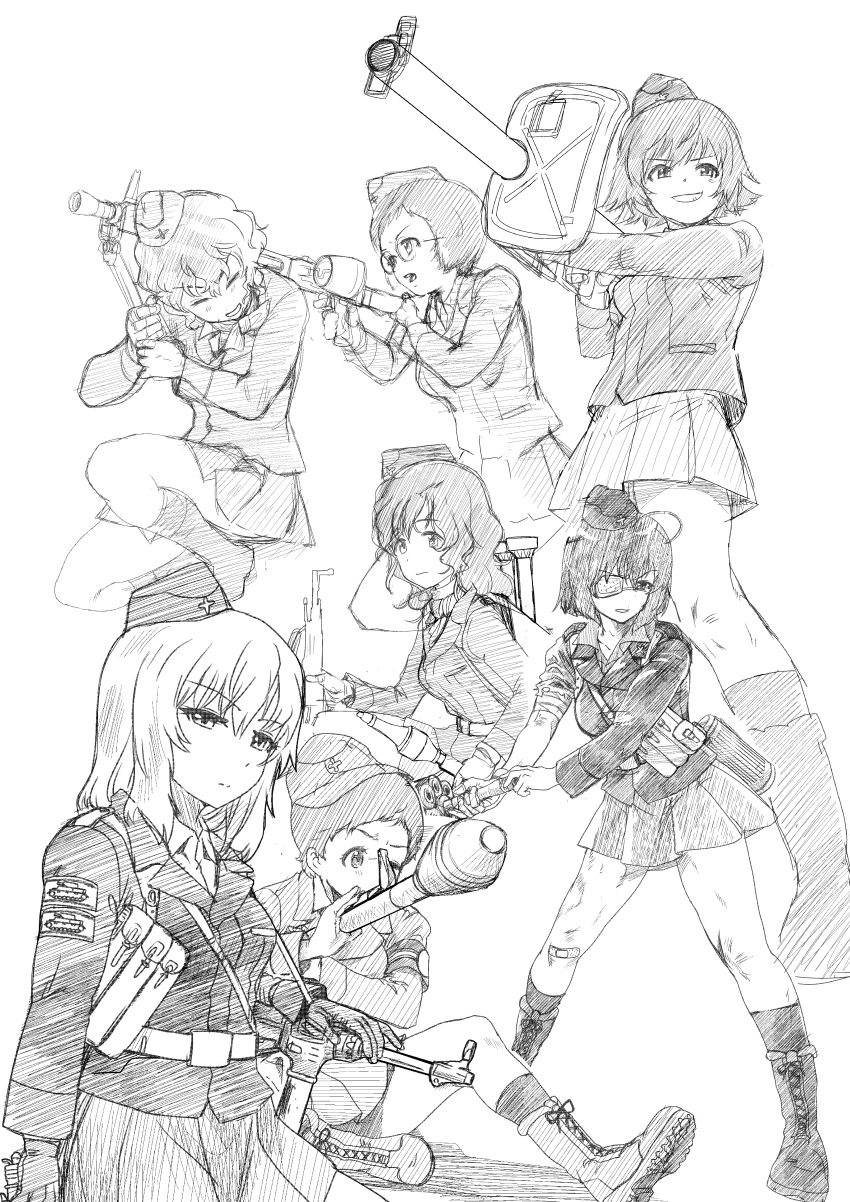 :d absurdres akaboshi_koume annotated assault_rifle bandaged_arm bandages bipod boots bundled_charge closed_eyes commentary_request cross-laced_footwear explosive extra eyebrows_visible_through_hair eyepatch garrison_cap gas_mask geshiko_(girls_und_panzer) girls_und_panzer glasses gloves grenade greyscale gun hat highres huge_filesize itsumi_erika kuromorimine_military_uniform lace-up_boots long_hair machine_gun mauko_(girls_und_panzer) mg42 monochrome mp40 multiple_girls one_eye_closed open_mouth panzerfaust panzerschreck rifle ritaiko_(girls_und_panzer) rocket rocket_launcher sangou_(girls_und_panzer) short_hair sketch skirt smile submachine_gun v-shaped_eyebrows weapon white_background yoyokkun