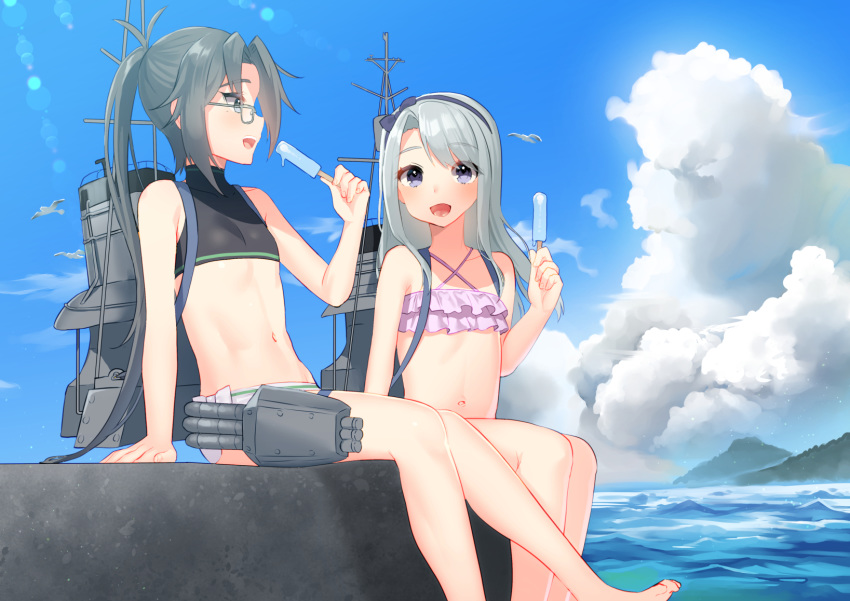 amagiri_(kantai_collection) asymmetrical_bangs bangs barefoot bikini bird black_tank_top blue_sky cloud commentary day food frilled_bikini frills glasses grey_eyes grey_hair hair_between_eyes hairband highres kantai_collection long_hair machinery mismatched_bikini mizuki_eiru_(akagi_kurage) multiple_girls navel ocean open_mouth outdoors pink_bikini ponytail popsicle purple_eyes rigging sagiri_(kantai_collection) seagull silver_hair sitting sky smile smokestack swept_bangs swimsuit tank_top tareme torpedo_tubes very_long_hair water