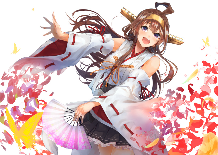 :d ahoge aiguillette bangs bare_shoulders blush breasts brown_hair bug butterfly commentary detached_sleeves double_bun fan floating_hair folding_fan hairband head_tilt headgear highres holding holding_fan insect japanese_clothes kantai_collection kongou_(kantai_collection) konkito long_hair looking_at_viewer nontraditional_miko open_mouth petals remodel_(kantai_collection) ribbon-trimmed_sleeves ribbon_trim sidelocks skirt smile solo thighhighs thighs wide_sleeves