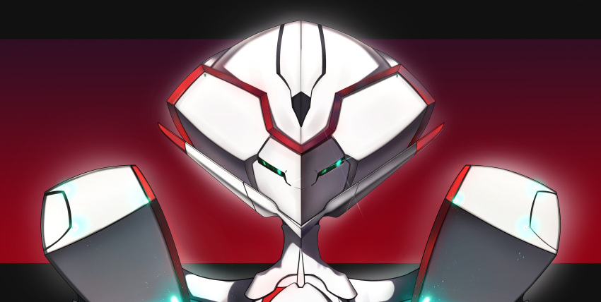 commentary_request darling_in_the_franxx glint green_eyes highres looking_at_viewer mecha murasaki_saki no_humans red_background robot upper_body