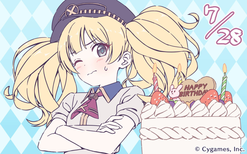 argyle argyle_background ascot birthday_cake blonde_hair blue_background blush bunny cake candle closed_mouth company_name crossed_arms cygames eyebrows_visible_through_hair food fruit grey_eyes happy_birthday hat head_tilt highres long_hair looking_at_viewer monica_weisswind official_art one_eye_closed pale_skin peaked_cap princess_connect! red_neckwear short_sleeves solo strawberry sweatdrop twintails upper_body wavy_mouth wing_collar
