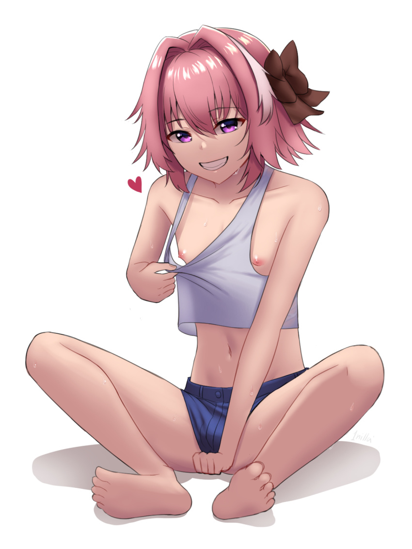 1nilla' astolfo_(fate) bare_arms bare_shoulders barefoot blush bow boyshorts commentary english_commentary fate/grand_order fate_(series) feet full_body hair_bow half-closed_eyes heart highres midriff navel nipples otoko_no_ko pink_hair purple_eyes shirt_pull shorts simple_background sitting smile spread_legs sweat tank_top white_background