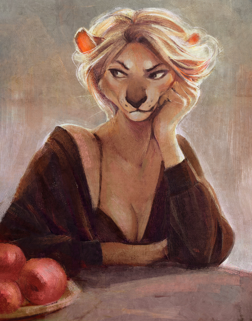 anthro breasts cleavage clothed clothing feline female food fruit hair head_on_hand hriscia lion mammal peach_(fruit) plate solo table whiskers