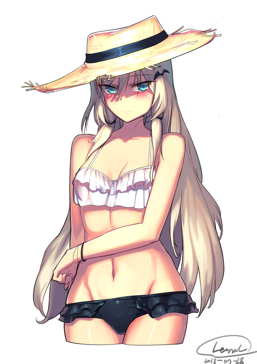 absurdres alternate_costume an-94_(girls_frontline) arm_across_waist bangs bare_shoulders bikini bikini_skirt blonde_hair blue_eyes blush breasts cleavage closed_mouth collarbone commentary_request cropped_legs dated eyebrows_visible_through_hair eyes_visible_through_hair frilled_bikini frills girls_frontline groin hair_ornament hair_ribbon hat highres korean_commentary leonat long_hair looking_at_viewer lowleg lowleg_bikini medium_breasts navel ribbon shaded_face sidelocks signature simple_background solo stomach straw_hat sun_hat sweatdrop swimsuit thighs tress_ribbon white_background wristband