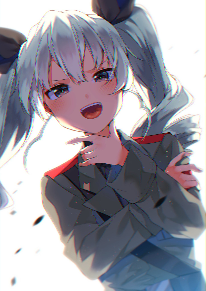 :d action anchovy anzio_military_uniform arm_grab bangs belt black_belt black_ribbon blurry chin_grab chromatic_aberration commentary drill_hair dutch_angle eyebrows_visible_through_hair girls_und_panzer green_hair grey_jacket hair_ribbon highres itohana jacket light_particles long_hair long_sleeves military military_uniform open_mouth red_eyes ribbon sam_browne_belt smile solo standing twin_drills twintails uniform upper_body