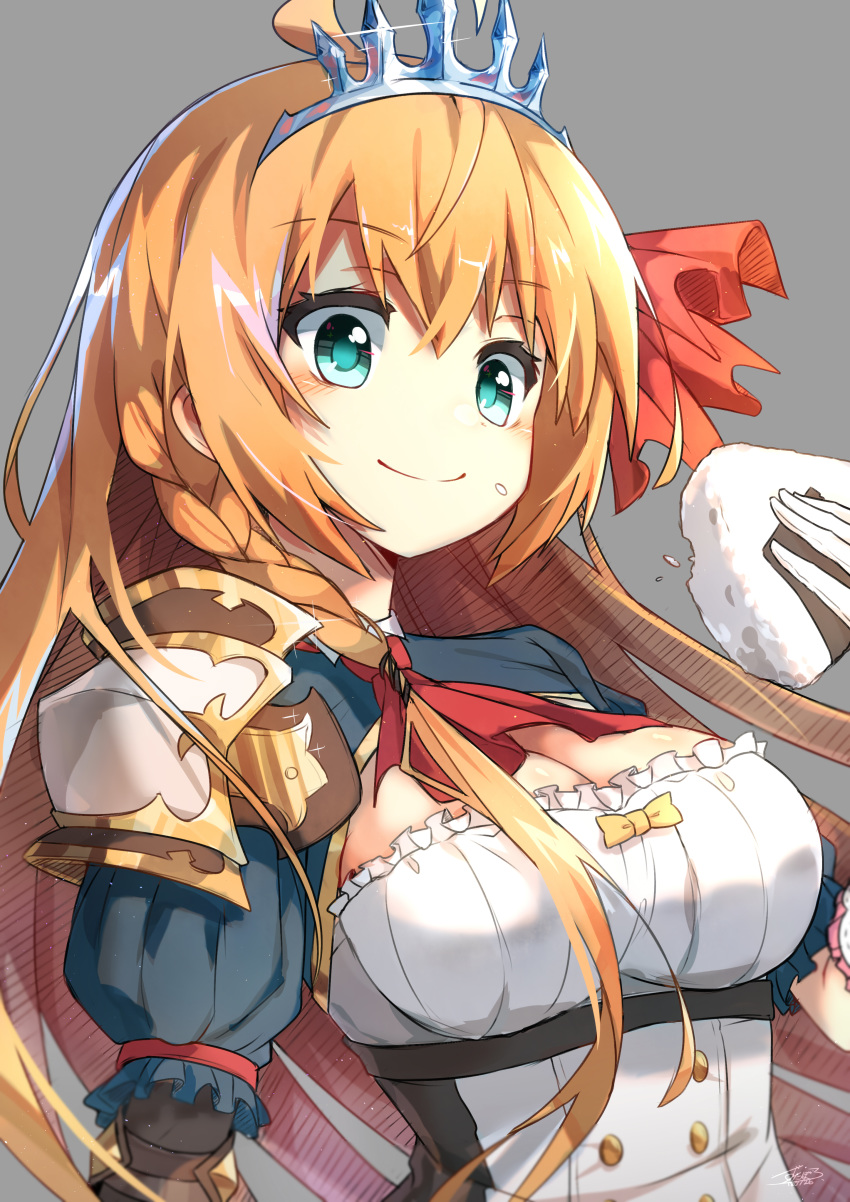 absurdres ahoge blonde_hair blue_eyes blush breasts cleavage commentary_request dress eyebrows_visible_through_hair food gloves highres long_hair medium_breasts pecorine princess_connect! princess_connect!_re:dive ribbon short_sleeves solo tiara zutaboro