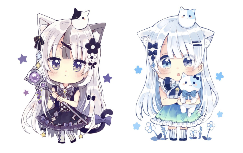 :&lt; :o animal_ears argyle argyle_legwear black_bow black_dress black_flower black_footwear blue_eyes blush bow brown_eyes cat_ears cat_girl cat_tail closed_mouth dress flower frilled_skirt frills green_skirt grey_hair hair_bow hair_flower hair_ornament hairclip highres holding holding_staff looking_at_viewer mismatched_legwear multicolored_hair multiple_girls object_hug original parted_lips pleated_skirt purple_bow sakura_oriko shirt silver_hair skirt sleeveless sleeveless_dress sleeveless_shirt staff standing star streaked_hair striped striped_legwear stuffed_animal stuffed_cat stuffed_toy tail tail_bow thighhighs vertical-striped_legwear vertical_stripes white_background white_flower white_legwear white_shirt x_hair_ornament