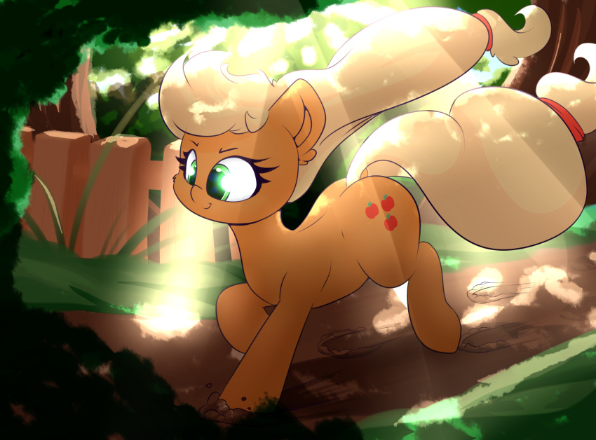 2018 applejack_(mlp) blonde_hair cutie_mark digital_media_(artwork) earth_pony equine female fence feral friendship_is_magic hair hi_res horse long_hair madacon mammal my_little_pony outside pony smile solo