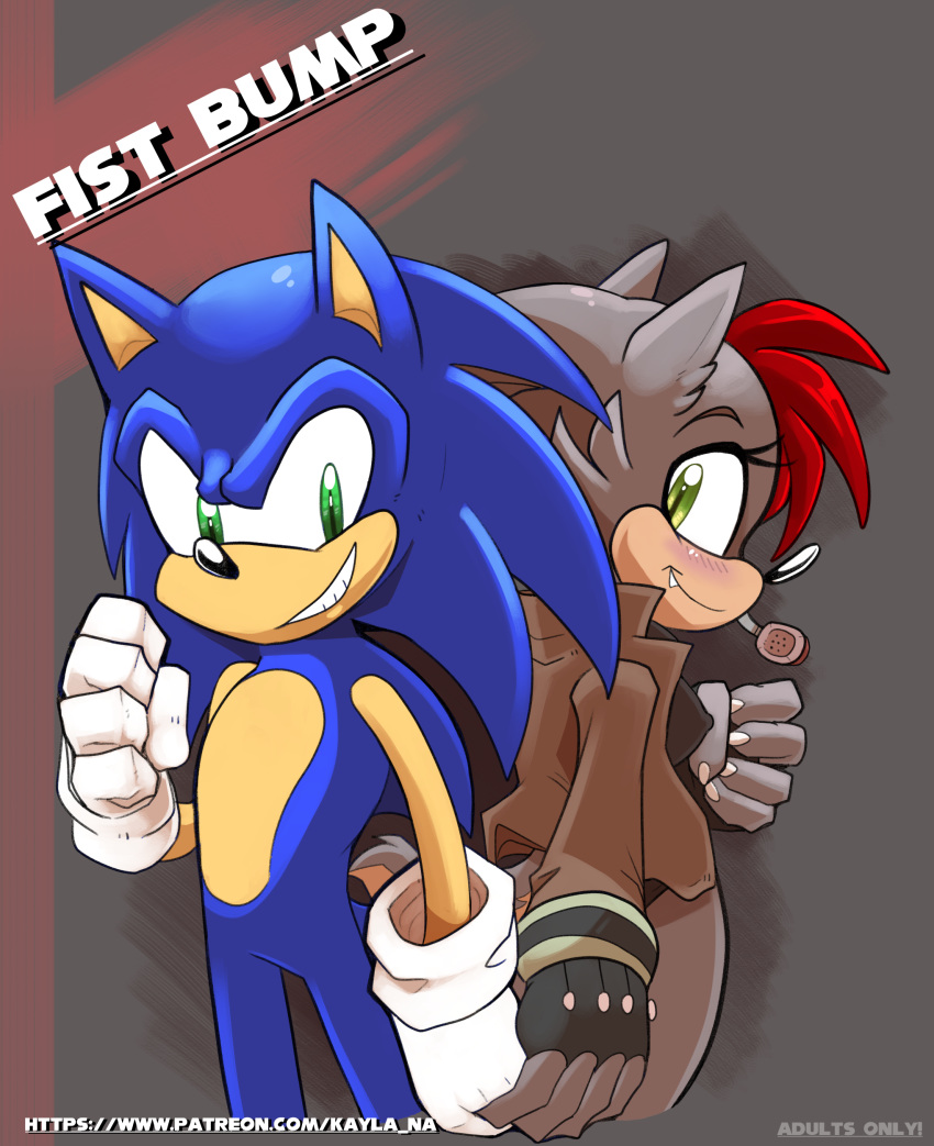 absurd_res anthro canine clothing comic conditional_dnp duo english_text fan_character female fingerless_gloves gloves hedgehog hi_res hybrid kayla-na male mammal smile sonic_(series) sonic_the_hedgehog text url video_games wolf