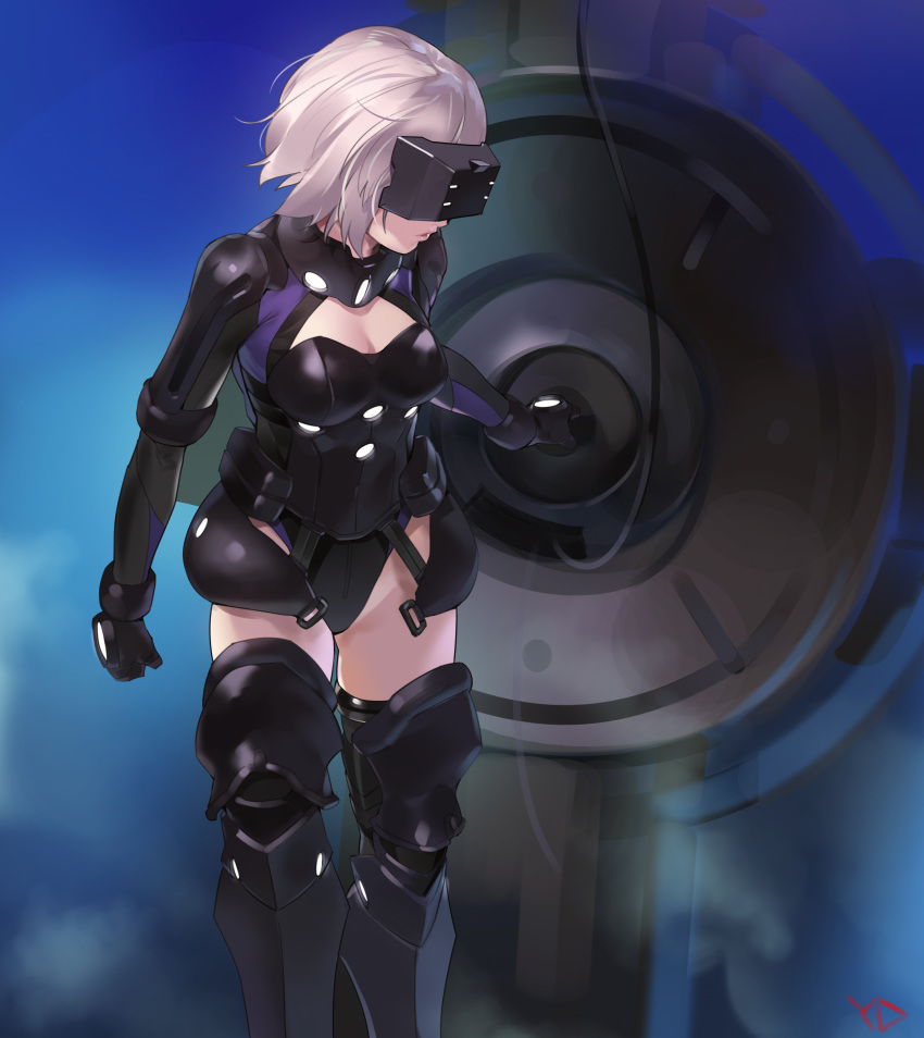 absurdres armor black_armor black_legwear black_leotard blue_background boots breasts covered_eyes fate/grand_order fate_(series) gloves gorget highres leotard looking_to_the_side mash_kyrielight medium_breasts ortenaus pink_hair shield short_hair solo standing thighhighs vr_visor yang-do