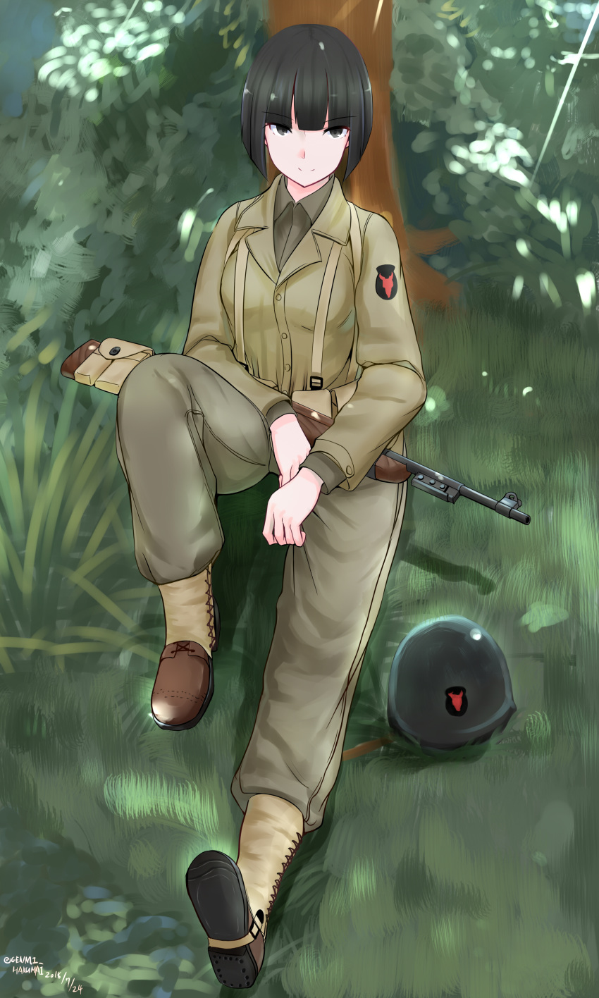 absurdres black_eyes black_hair bob_cut commentary_request dated gun headwear_removed helmet helmet_removed highres looking_at_viewer m1_carbine m1_helmet military military_uniform original rifle shiden21gata short_hair sitting solo uniform weapon world_war_ii