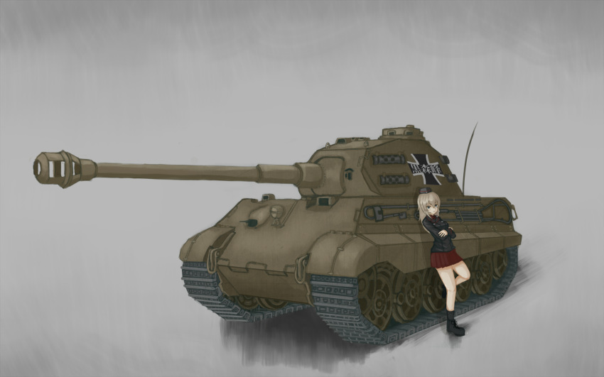 blue_eyes caterpillar_tracks commentary_request emblem girls_und_panzer grey_background ground_vehicle highres itsumi_erika kuromorimine_(emblem) kuromorimine_military_uniform long_hair military military_uniform military_vehicle motor_vehicle silver_hair smile tacch tank tiger_ii uniform