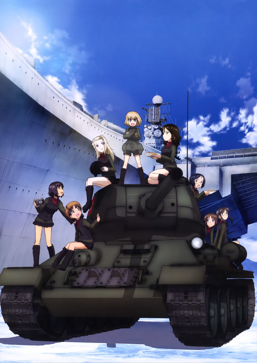 :d absurdres aircraft_carrier alina_(girls_und_panzer) black_footwear black_hair black_skirt blonde_hair boots brown_hair brown_hat brown_jacket camera clara_(girls_und_panzer) crossed_arms day floating_hair girls_und_panzer glasses ground_vehicle hat highres holding holding_camera jacket katyusha kiev_(aircraft_carrier) kiev_(girls_und_panzer) knee_boots leaning_forward long_hair looking_at_viewer looking_back military military_vehicle miniskirt motor_vehicle multiple_girls nina_(girls_und_panzer) nonna official_art open_mouth outdoors pleated_skirt pravda_military_uniform ship short_hair sidelocks sitting skirt smile t-34-85 tank warship watercraft yoshida_nobuyoshi