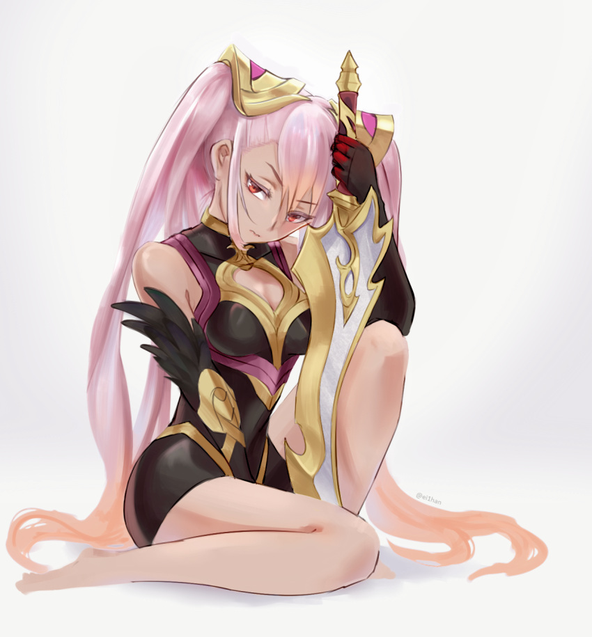 armor black_armor black_gloves closed_mouth commentary_request dark_skin ei1han elbow_gloves feather_trim fire_emblem fire_emblem_heroes gloves gold_trim gradient_hair hair_ornament highres holding holding_sword holding_weapon laevateinn_(fire_emblem_heroes) long_hair multicolored_hair pink_hair red_eyes simple_background sitting solo sword twintails twitter_username weapon