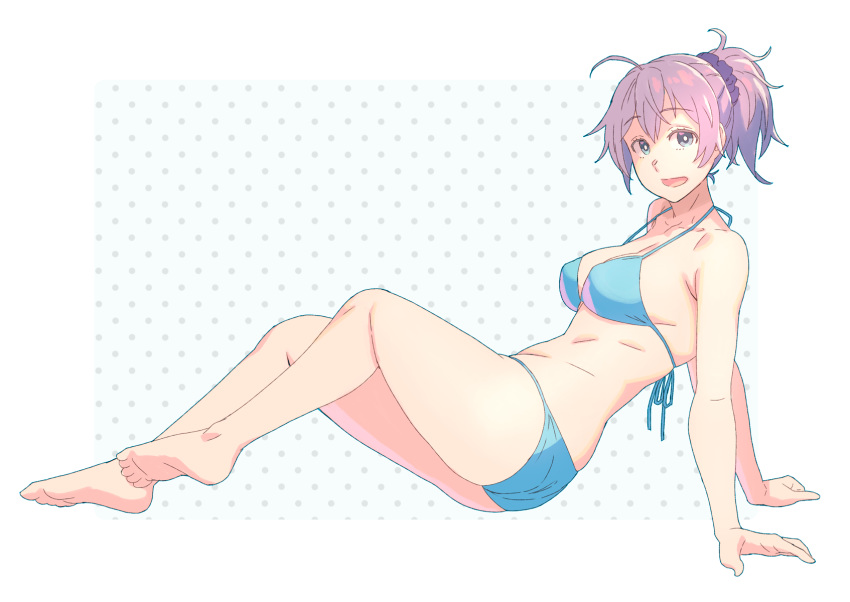 alternate_costume aoba_(kantai_collection) arm_support barefoot bikini blue_bikini blue_eyes blue_scrunchie commentary_request highres kantai_collection looking_at_viewer open_mouth polka_dot polka_dot_background ponytail purple_hair scrunchie sitting smile solo swimsuit white_background yokozuwari yuuji_(and)