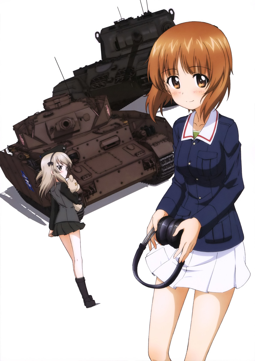 absurdres black_skirt blue_jacket blush brown_eyes brown_hair centurion_(tank) collarbone eyebrows_visible_through_hair floating_hair girls_und_panzer grey_jacket ground_vehicle headphones highres holding holding_stuffed_animal jacket light_brown_hair long_hair looking_at_viewer military military_vehicle miniskirt motor_vehicle multiple_girls nishizumi_miho official_art ooarai_military_uniform panzerkampfwagen_iv pleated_skirt selection_university_military_uniform shimada_arisu shiny shiny_hair short_hair simple_background skirt smile standing stuffed_animal stuffed_toy tank teddy_bear white_background white_skirt yoshida_nobuyoshi