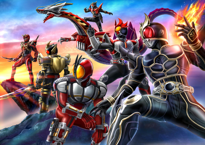 antennae armed_hibiki armor belt bodysuit commentary crossover dragon dragreder faiz_blaster fire flying gloves glowing helmet highres horns kamen_rider kamen_rider_555 kamen_rider_agito kamen_rider_agito_(series) kamen_rider_blade kamen_rider_blade_(series) kamen_rider_faiz kamen_rider_hibiki kamen_rider_hibiki_(series) kamen_rider_kuuga kamen_rider_kuuga_(series) kamen_rider_ryuki kamen_rider_ryuki_(series) kamen_rider_ryuki_survive male_focus mask masukudo_(hamamoto_hikaru) monster multiple_boys oni pose red_eyes riding scales sword tokusatsu weapon yellow_eyes