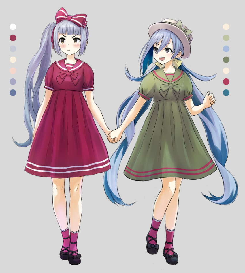 :d alternate_costume black_footwear blue_hair blush bow brown_eyes commentary_request dress green_dress grey_background grey_eyes grey_hair hair_between_eyes hair_bow hat highres holding_hands kantai_collection karashi_(tou_gara_shi) kasumi_(kantai_collection) kiyoshimo_(kantai_collection) long_hair looking_at_viewer low_twintails mary_janes multicolored_hair multiple_girls open_mouth pink_bow pink_dress purple_legwear red_dress sailor_dress shoes short_sleeves side_ponytail simple_background smile socks twintails very_long_hair