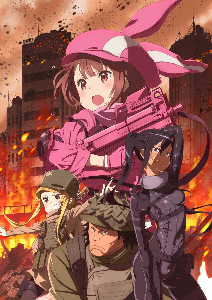 1boy 3girls absurdres animal_ears black_hair blonde_hair blue_hair bodysuit building bunny_ears curvy facial_tattoo fake_animal_ears female fire fukaziroh_(sao) gun hat helmet highres key_visual leotard llenn_(sao) long_hair m_(sao) military military_uniform multiple_girls official_art p-chan_(sao) pink_eyes pitohui_(sao) ponytail scan serious shiny short_hair smile submachine_gun sweat sword_art_online sword_art_online_alternative:_gun_gale_online tattoo uniform weapon