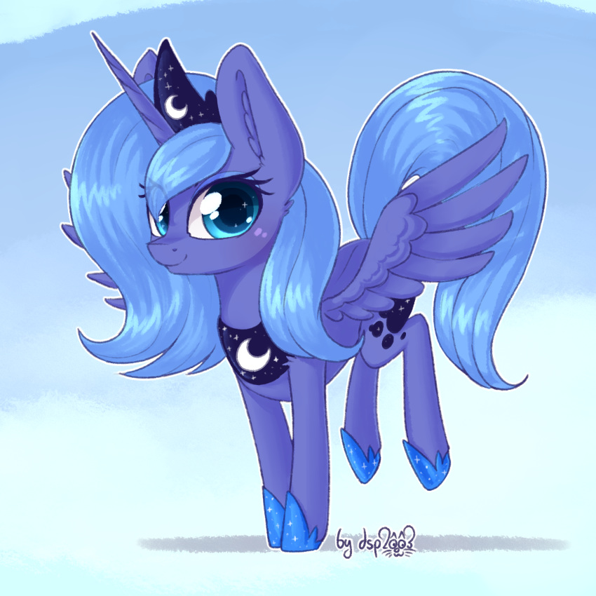 2018 blue_background blue_eyes blue_feathers blue_hair crown cute cutie_mark dsp2003 equine eyelashes eyeshadow feathered_wings feathers female feral friendship_is_magic hair hi_res hooves horn inner_ear_fluff looking_at_viewer makeup mammal mascara my_little_pony nude portrait princess_luna_(mlp) royalty shadow signature simple_background smile solo spread_wings winged_unicorn wings