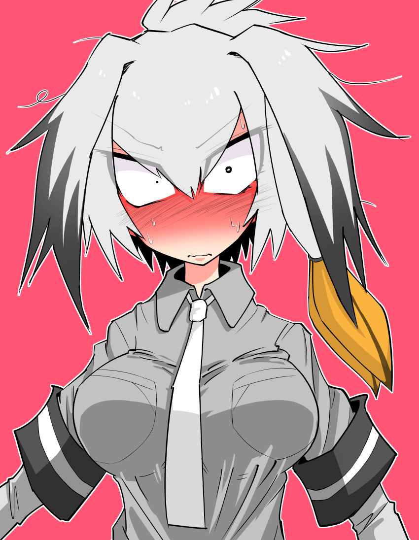 absurdres asymmetrical_eyes black_hair blush breast_pocket breasts closed_mouth collared_shirt commentary_request constricted_pupils eyebrows_visible_through_hair eyes_visible_through_hair grey_hair grey_shirt hair_between_eyes highres impossible_clothes impossible_shirt kemono_friends long_hair long_sleeves low_ponytail multicolored_hair necktie no_nose nose_blush nuka_cola06 orange_hair pocket shirt shoebill_(kemono_friends) short_over_long_sleeves short_sleeves side_ponytail simple_background solo sweat sweating_profusely tsurime upper_body v-shaped_eyebrows wavy_mouth white_neckwear wing_collar