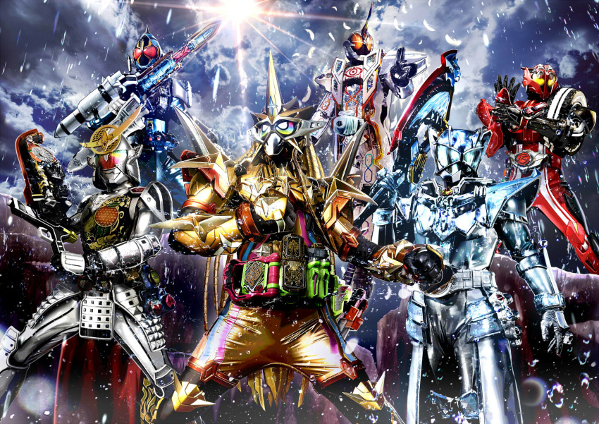 armor axe belt breastplate car commentary_request compound_eyes crossover eyecon feathers ground_vehicle helmet highres horn jacket jewelry kamen_rider kamen_rider_drive kamen_rider_drive_(series) kamen_rider_ex-aid kamen_rider_ex-aid_(series) kamen_rider_fourze kamen_rider_fourze_(series) kamen_rider_gaim kamen_rider_gaim_(series) kamen_rider_ghost kamen_rider_ghost_(series) kamen_rider_wizard kamen_rider_wizard_(series) lock_seed long_coat male_focus mask masukudo_(hamamoto_hikaru) motor_vehicle multiple_boys pauldrons rider_belt rider_gashat ring rocket shift_car shoulder_pads sky sword tailcoat tire type_tridoron weapon