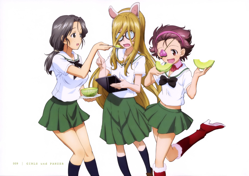 :d absurdres animal_ears black_bow blonde_hair blue_legwear boots bow bowtie brown_footwear brown_hair cat_ears coke-bottle_glasses collarbone copyright_name eating eyepatch fake_animal_ears feeding floating_hair freckles fur_trim girls_und_panzer glasses hairband high_heel_boots high_heels highres holding holding_spoon index_finger_raised knee_boots kneehighs leg_up loafers long_hair midriff miniskirt momogaa multiple_girls navel nekonyaa official_art ooarai_school_uniform open_mouth page_number pink_hairband piyotan pleated_skirt ponytail red_eyes red_footwear santa_boots school_uniform shirt shoes short_hair short_sleeves simple_background skirt smile spoon standing standing_on_one_leg stomach very_long_hair white_background white_hairband white_shirt yoshida_nobuyoshi