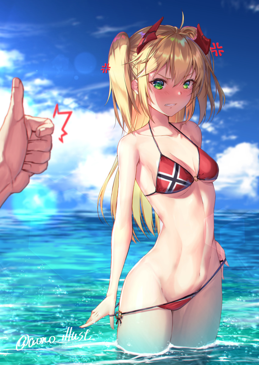1girl admiral_hipper_(azur_lane) ahoge alternate_costume anger_vein angry aono_meri azur_lane bangs bare_shoulders beach bikini bikini_tug blonde_hair blue_sky blurry blush breasts cloud collarbone commentary_request day depth_of_field eyebrows_visible_through_hair green_eyes groin hair_between_eyes headgear highres iron_cross long_hair looking_at_viewer mole navel ocean out_of_frame outdoors parted_lips pov red_bikini sky small_breasts solo_focus standing stomach sunlight swimsuit thighs thumbs_up twitter_username two_side_up wading