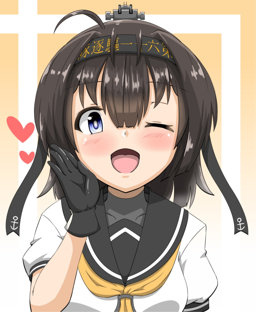 ;d ahoge akizuki_(kantai_collection) bangs black_gloves black_hair blue_eyes blush breasts brown_hair commentary_request eyebrows_visible_through_hair flying_heart gloves hachimaki hair_between_eyes hair_ornament hairband headband highres kantai_collection long_hair looking_at_viewer neckerchief one_eye_closed open_mouth ponytail sakuramai_(sakuramai_0525) school_uniform serafuku short_sleeves sidelocks smile solo turtleneck upper_body yellow_neckwear